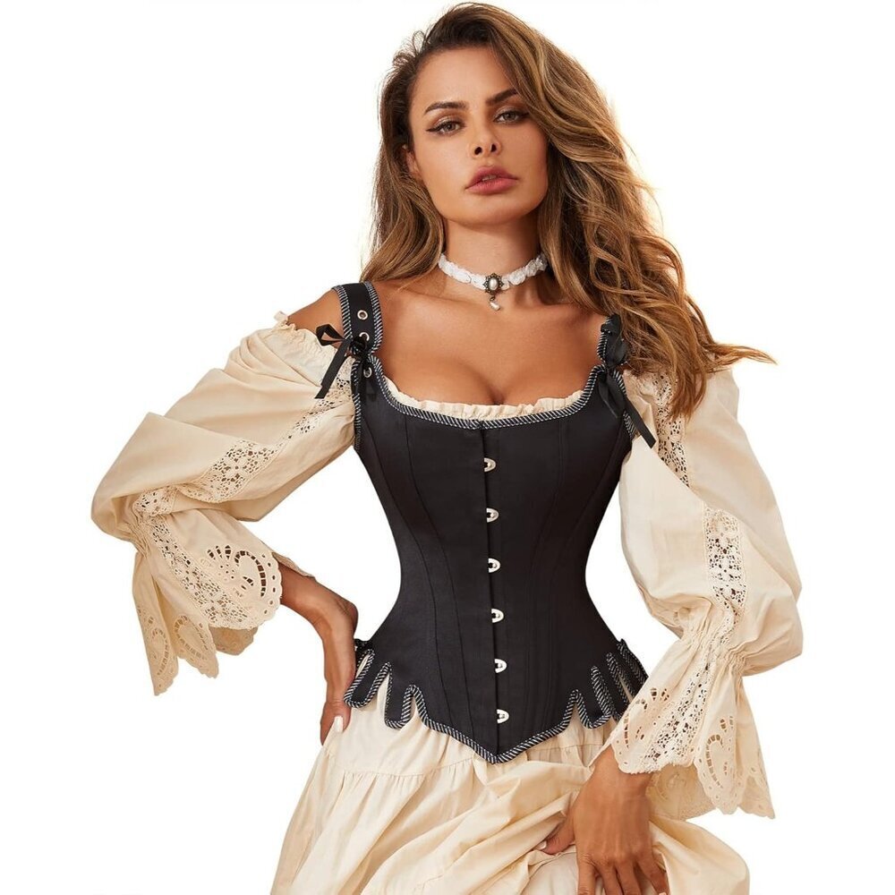 Women First Black Victorian Vintage Brocade Lace Up Overbust Corset